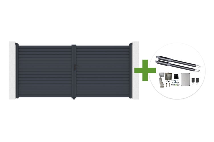 Zweiflügeliges Einfahrtstor aus Aluminium mit horizontalen Lamellen und elektrischem Torantrieb-Set inklusive Motoren und Handsendern.
