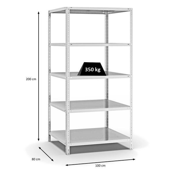 PROREGAL Fachbodenregal Schraubsystem Heavy-Duty Grundregal HxBxT 200 x 100 x 80 cm 5 Ebenen Fachlast 350 kg Beidseitig Nutzbar Lichtgrau