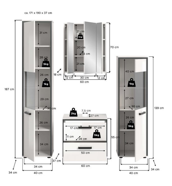 Badezimmermöbel-Set mit Detailmaßen und Traglastangaben in Zentimeter und Kilogramm für Hochschrank, Spiegelschrank, Unterschrank und Mittelschrank.