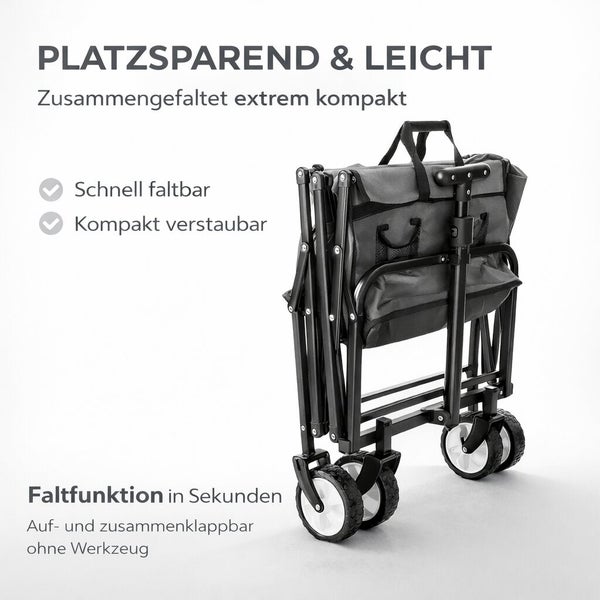 Zusammengeklappter faltbarer Handwagen mit Metallrahmen und Stoffbezug für platzsparende Aufbewahrung und einfachen Transport.