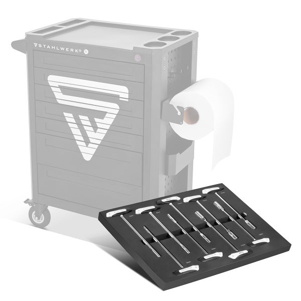 Werkzeugwagen mit STAHLWERK Logo und T-Griff-Schlüsselsatz im schwarzen Schaumstoff-Ordnungssystem