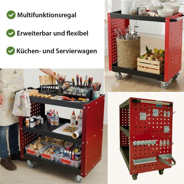 Multifunktionswagen als Küchen- und Servierwagen oder Werkstattwagen mit Rollen und Lochwand zur flexiblen Aufbewahrung und Organisation.