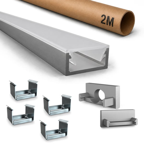 LED Aluminium Profil Set inklusive Abdeckung, zwei Meter Schutzrohr sowie Montageclips und Endkappen zur LED Streifen Befestigung.