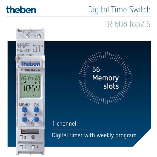 Theben 6080101 TR 608 top2 S - digitale 1-Kanal Zeitschaltuhr mit Wochenprogramm, Zeitschalter