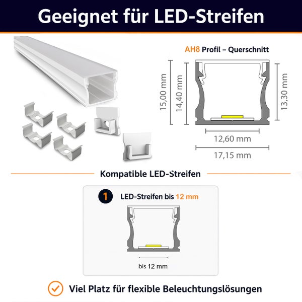 Technisches Datenblatt für AH8 LED Profil mit Montageclips und Endkappen, inklusive Maßangaben und Kompatibilitätshinweisen für LED Streifen.