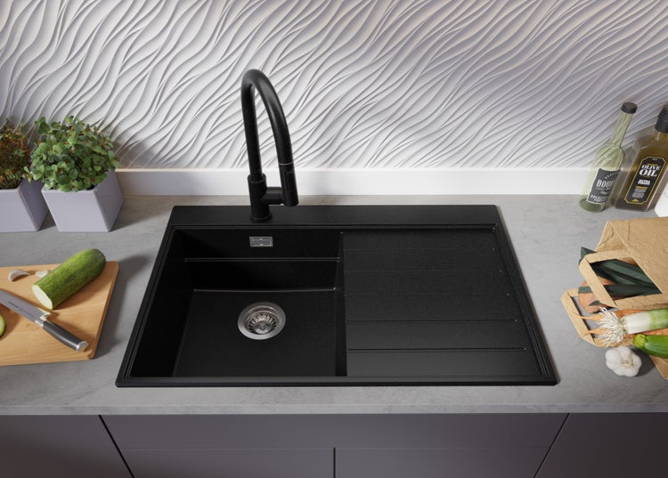 PRIMAGRAN Spülbecken Schwarz 78x50cm, Granitspüle 1 Becken + Ablauf-Set + Küchenzubehörset, Küchenspüle ab 45er Unterschrank - Sydney
