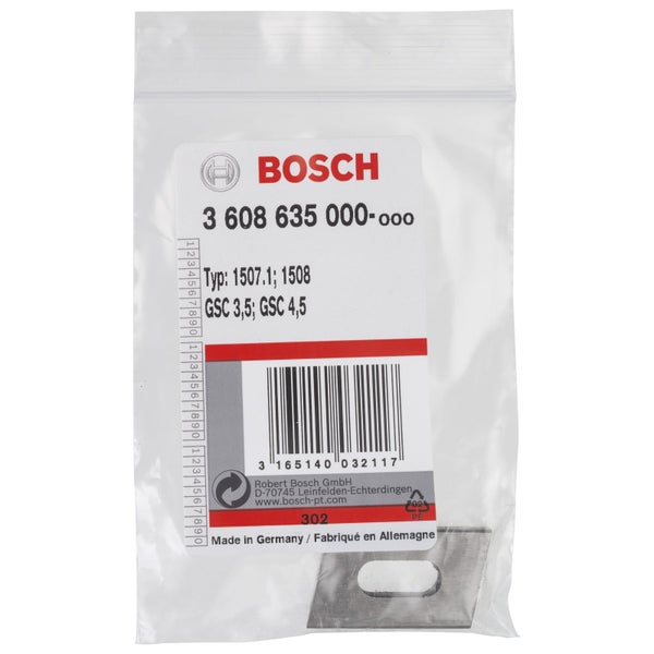 Bosch Ersatzmesser für Blechscheren GSC 3,5 und GSC 4,5 in transparenter Verpackung mit Bosch Logo.