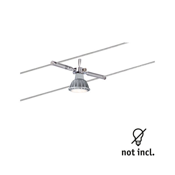 Seilsystem-Strahler für zwei parallele Drahtseile, chromfarben, Leuchtmittel nicht enthalten.