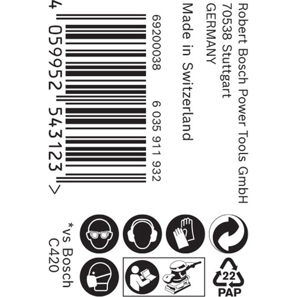 Robert Bosch Power Tools GmbH Logo, Barcode, Hergestellt in Deutschland, Hergestellt in der Schweiz, Recycling Symbol, Augenschutz erforderlich, Gehörschutz erforderlich, Handschutz erforderlich, Atemschutz erforderlich, Bedienungsanleitung beachten, Papierverpackung