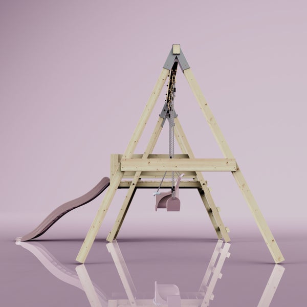 Schaukelgestell aus Holz mit Wellenrutsche, Podest, Kleinkindschaukel und Brettschaukel.