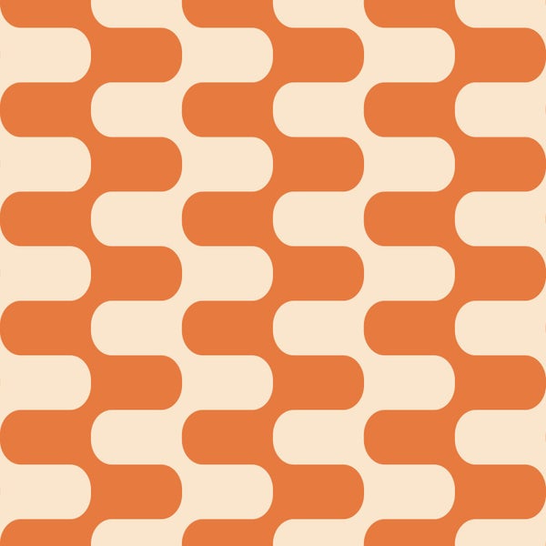 Retro-Tapete mit geometrischem Muster aus ineinandergreifenden abgerundeten Formen in Orange und Beige.