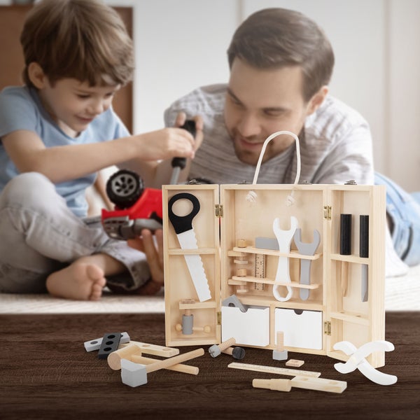 Joyz Werkzeugkasten für Kinder mit 8 Werkzeugen, Multifunktions-Werkzeugkoffer, Montessori Spielzeug ab 1 Jahr, Pädagogische Holzspielzeug, Kinderwerkzeug Set Werkzeugkiste Holzwerkzeug Geschenk