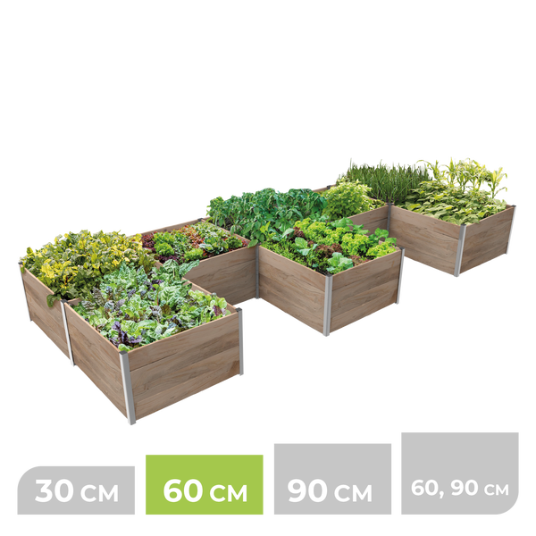 Modulares Hochbeet aus Holz in verschiedenen Höhen, Variante mit 60 Zentimeter Höhe hervorgehoben, bepflanzt mit Salat und Kräutern.