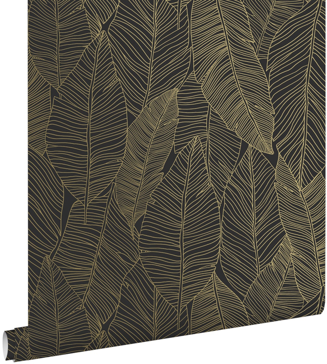 ESTAhome Tapete gezeichnete Blätter Schwarz und Gold - 0,53 x 10,05 m - 139126