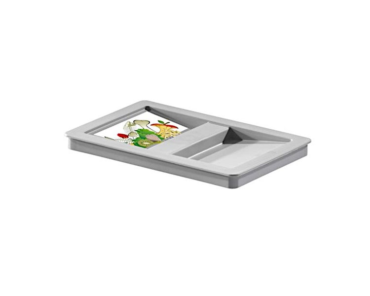 Grauer Kunststoffdeckel für Biomüllbehälter mit Abfall-Abbildung.