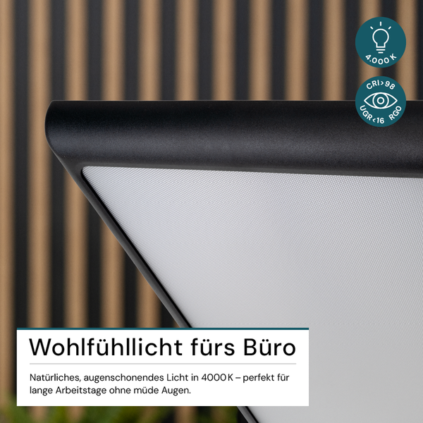 Nahaufnahme einer Büroleuchte mit 4000 Kelvin, Farbwiedergabeindex größer 98, UGR kleiner 16 und RGO Siegel.
