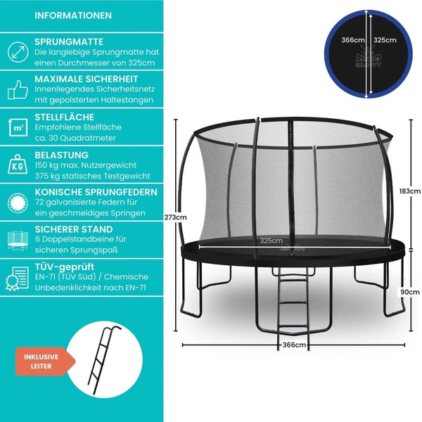 Trampolin mit Sicherheitsnetz, Leiter und technischen Details