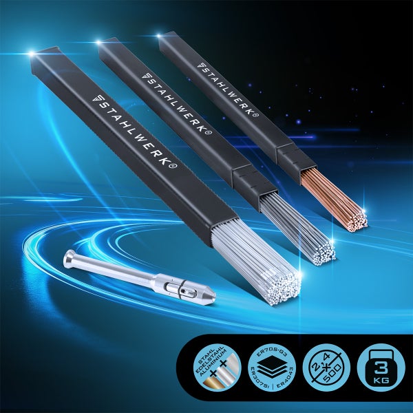 Schweissdraht-Sortiment mit Werkzeug und Symbolen für Stahl, Edelstahl und Aluminium. Gewicht 3 Kilogramm.