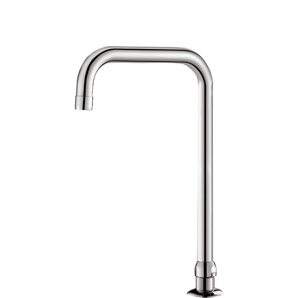 Verchromter hoher L-förmiger Auslauf für eine Küchenarmatur.