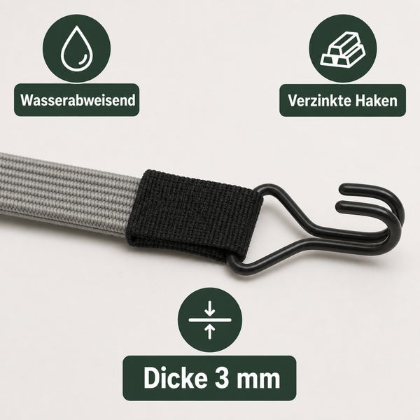 Spannseil mit verzinkten Haken, wasserabweisend, 3 Millimeter Durchmesser.