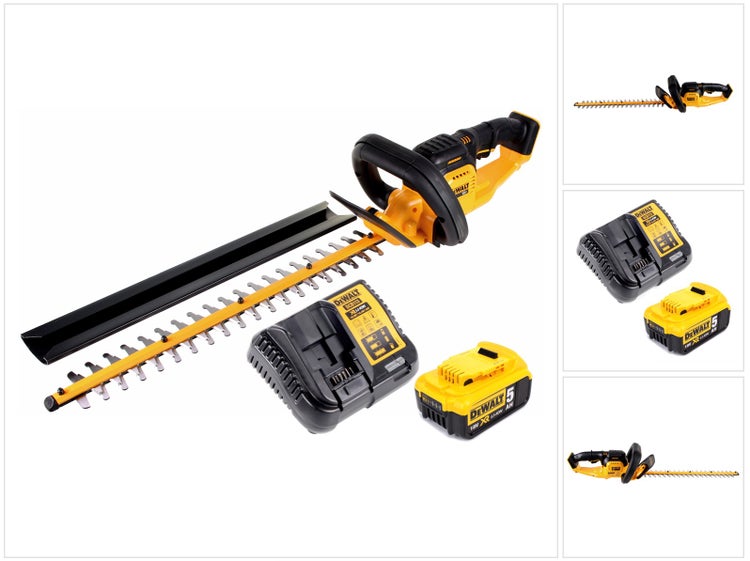 DeWalt Akku-Heckenschere mit 18 Volt Akku, 5 Amperestunden, Ladegerät und Messerschutz.