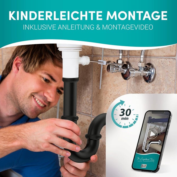 Engelbach® Siphon für Waschbecken 1 1/4 inkl. Gummimanschette mit Montage-Video - Schwarz
