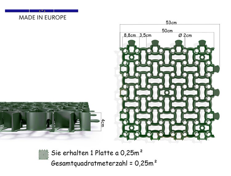 BigDean 1x Rasengitter Paddockplatte GRÜN 50x50 cm Reitplatzmatten Rasenmatten Rasenwaben Kiesgitter Parkplatzrasen 0,25 m² - mit Spikes zur Fixierung