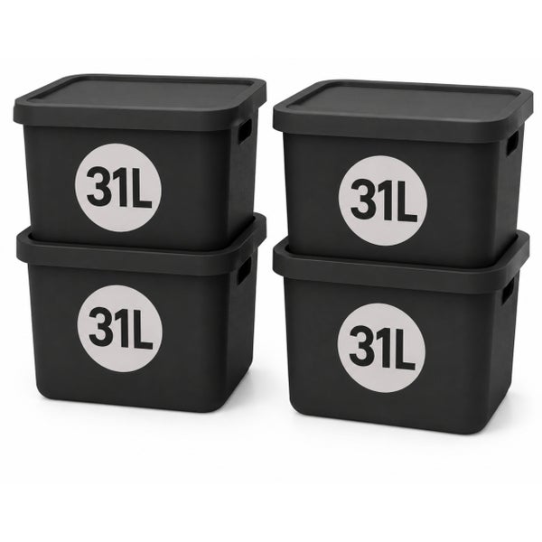 Vier stapelbare Aufbewahrungsboxen mit Deckel, jeweils 31 Liter Fassungsvermögen, aus Kunststoff für Ordnung im Haushalt.