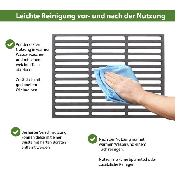 Anleitung zur Reinigung und Pflege eines gusseisernen Grillrostes mit Hinweisen zum Waschen, Einölen und Entfernen von Verschmutzungen.