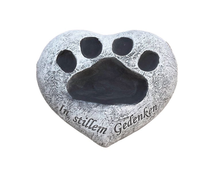 Gedenkstein in Herzform für Haustiere mit Pfotenabdruck und der Aufschrift In stillem Gedenken