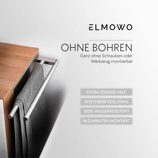 ELMOWO Handtuchhalter aus Edelstahl zur Montage ohne Bohren an einem Badschrank mit Handtuch.