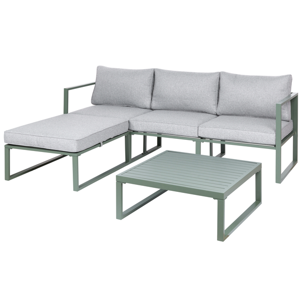 Garten-Lounge-Set in L-Form, grünes Metallgestell mit grauen Polstern und quadratischem Couchtisch.