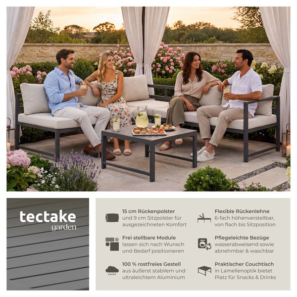 Modulare Gartenlounge von tectake aus Aluminium mit Polstern, verstellbarer Rückenlehne und Couchtisch in einer Gartenszene.
