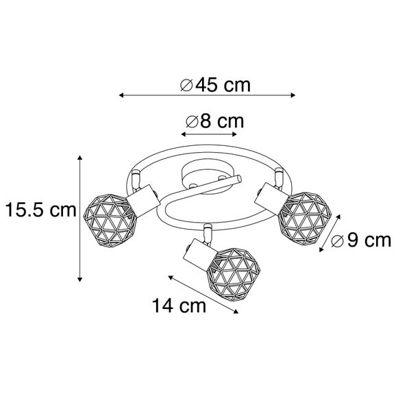 Technische Zeichnung einer Deckenleuchte mit drei Strahlern und Maßangaben