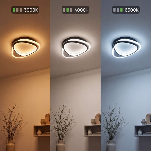 LED-Deckenleuchte im Vergleich mit drei verschiedenen Farbtemperaturen: 3000 Kelvin, 4000 Kelvin und 6500 Kelvin.