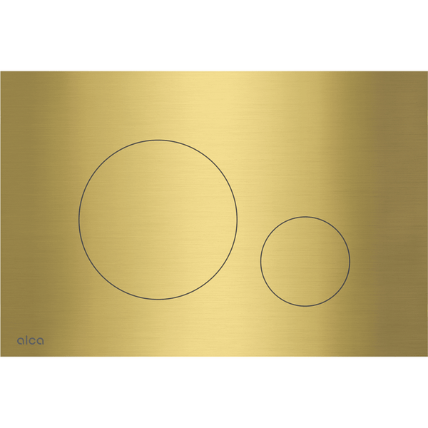 Toiletten-Betätigungsplatte in Gold mit zwei runden Spültasten, Alca Logo.