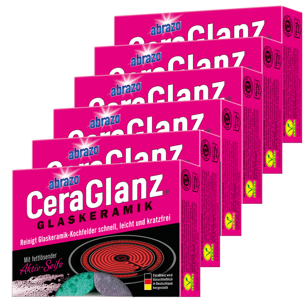 abrazo CeraGlanz Glaskeramik-Reinigungskissen mit fettlösender Aktiv-Seife zur kratzfreien Reinigung von Kochfeldern, sechs Packungen, vegan.