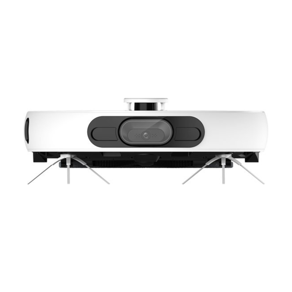 Vorderansicht eines weißen Saugroboters mit Sensoren und Seitenbürsten.