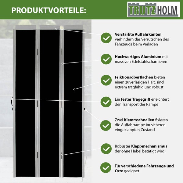 Produktvorteile der Trutzholm Auffahrrampe: verstärkte Auffahrkanten, hochwertiges Aluminium mit Edelstahlscharnieren, Friktionsoberflächen, Tragegriff, Klemmschnallen, Klappmechanismus und geeignet für verschiedene Fahrzeuge