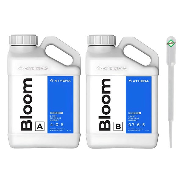 Zwei Behälter Athena Bloom Flüssigdünger, Teil A und Teil B, mit Pipette