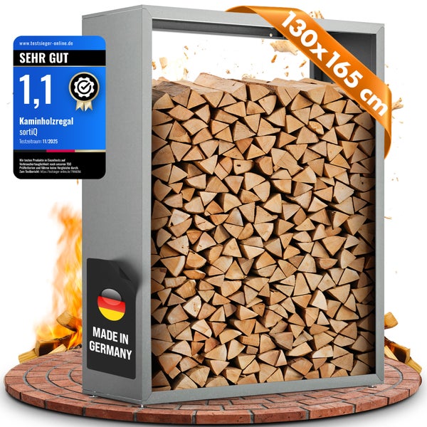 Kaminholzregal mit Holzscheiten, Maße 130x165 cm, Auszeichnung sehr gut, Made in Germany