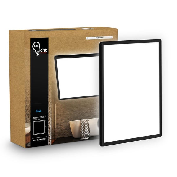 Rechteckiges B.K. Licht LED-Panel mit schwarzem Rahmen und Produktverpackung mit B.K. Licht Logo, Schutzart IP44 für das Badezimmer geeignet.