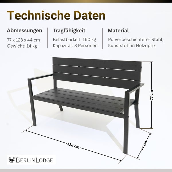 Gartenbank: 77 mal 128 mal 44 Zentimeter, 14 Kilogramm, Tragkraft 150 Kilogramm, 3 Personen, Stahl und Kunststoff Holzoptik. Berlin Lodge Logo.