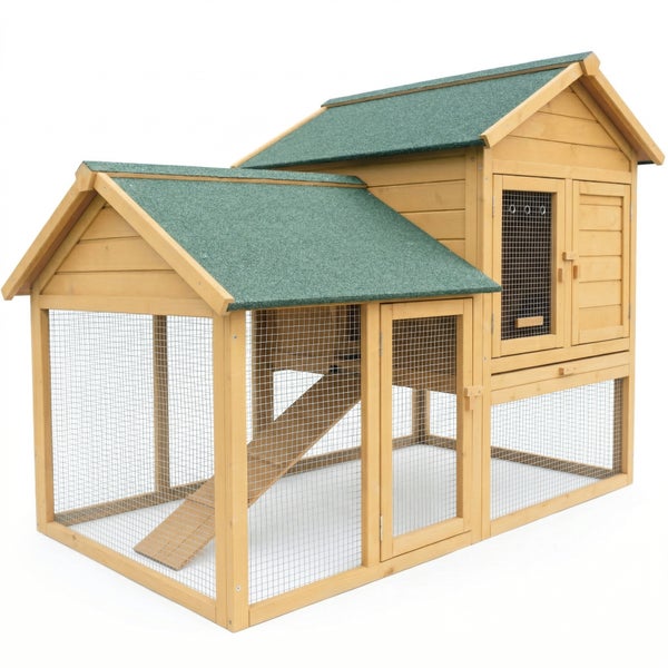 Kleintierstall aus Holz mit Freigehege, Rampe und grünem Dach für Kaninchen.