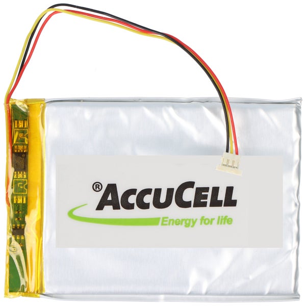 Rechteckiger AccuCell Akku-Pack in Folienverpackung mit drei Anschlusskabeln und Stecker.