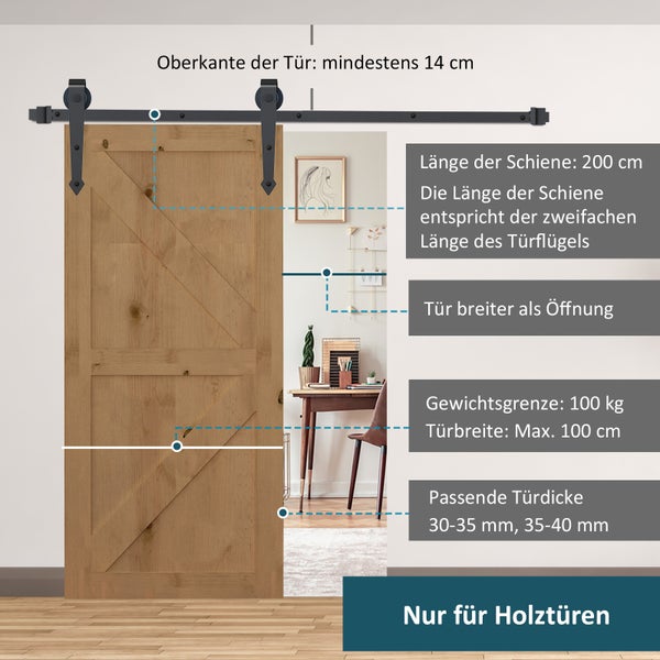 Infografik zu schwarzem Schiebetürbeschlag für Holztüren, Schienenlänge 200 Zentimeter, Tragkraft bis 100 Kilogramm und Maßen.