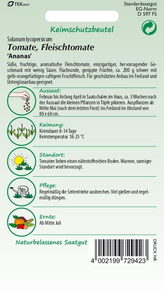 Samentüte Ananas Fleischtomate mit Informationen zu Aussaat, Keimung, Standort, Pflege und Ernte