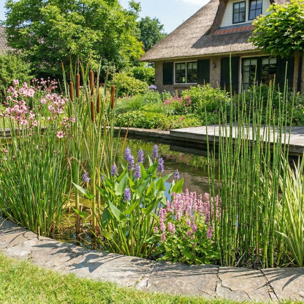Gepflegter Gartenteich mit verschiedenen Wasserpflanzen wie Rohrkolben, Hechtkraut und Schachtelhalm, eingefasst von Steinen und einem Holzdeck.