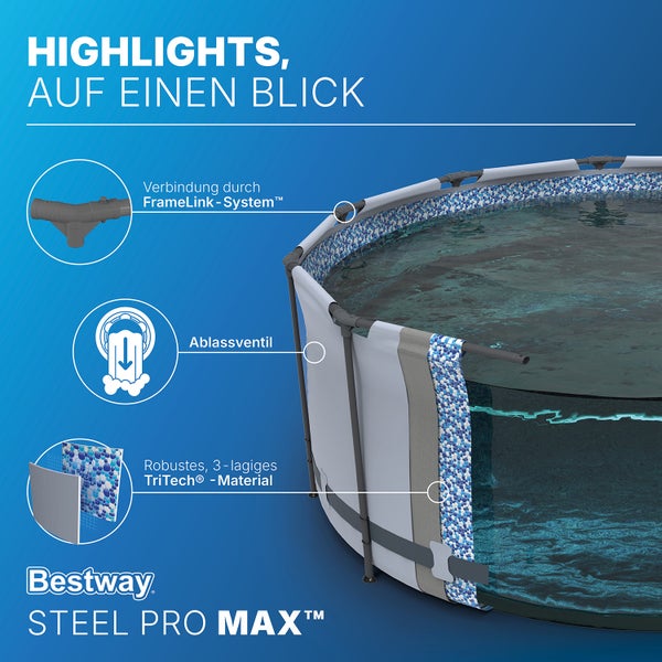 Bestway Steel Pro MAX Pool mit Details zu FrameLink-System, Ablassventil und dreilagigem TriTech Material. Bestway Logo.