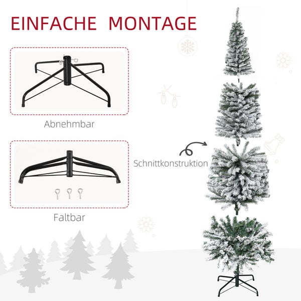 Einfache Montage eines künstlichen Weihnachtsbaums mit Schneeeffekt, vierteilige Schnittkonstruktion, klappbarer und abnehmbarer Metallständer.